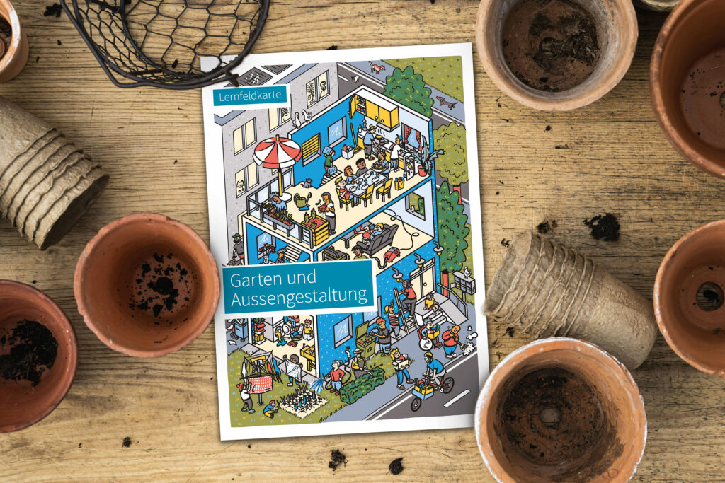 Das Bild zeigt die Lernfeldkarte Garten und Aussengestaltung, umgeben von Gartenutensilien.